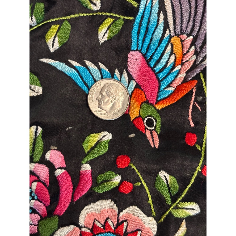 Vintage Plum Blossoms Silk Embroidered Jacket Black Floral Bird Mandarin Size 34 - Picture 8 of 9